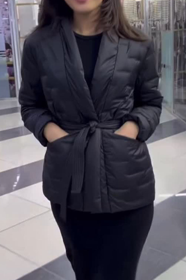Women Elegant Large Pocket Waist Tie Cardigan Warm Coat