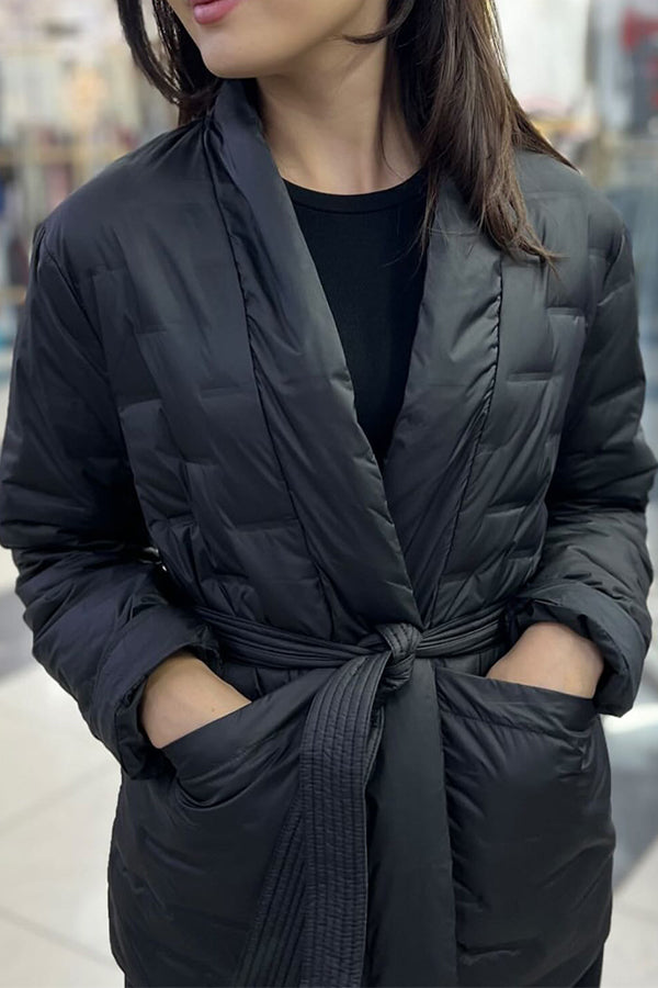 Women Elegant Large Pocket Waist Tie Cardigan Warm Coat