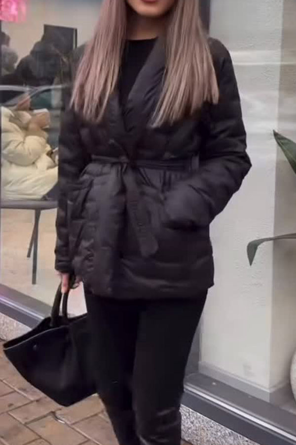 Women Elegant Large Pocket Waist Tie Cardigan Warm Coat