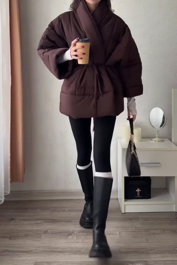 Women Elegant Crossover Waist Tie Oversized Warm Coat