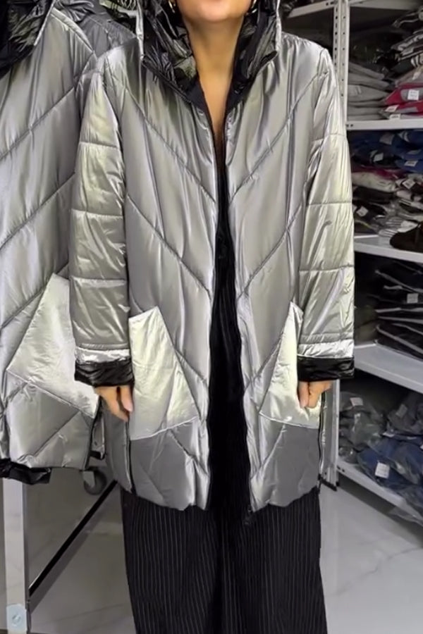 Women Insulated Hooded Metallic Zip-Up Waterproof Coat