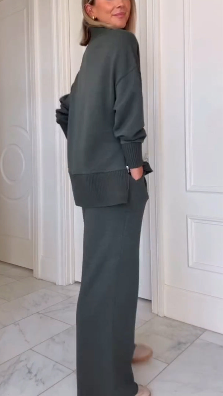 Women High-neck Stitching Knitted Side Zipper Top + Pants Casual Suit