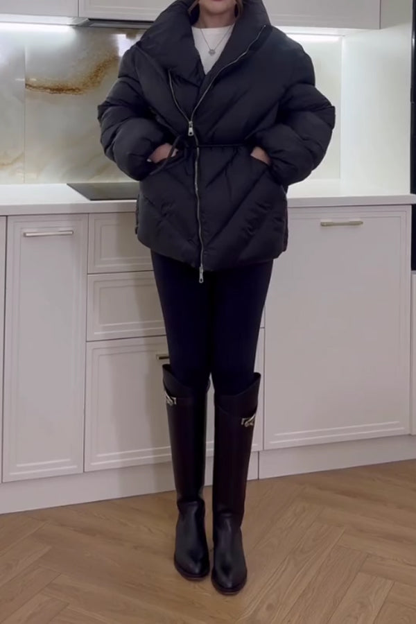 Women Casual High Neck Crossover Zipper Waist Tie Warm Waterproof Coat