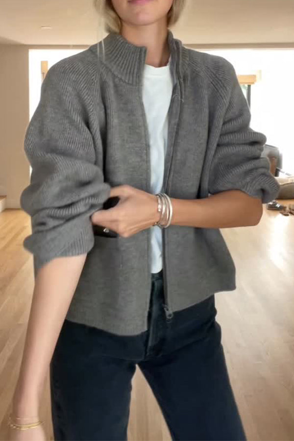 Women Casual Stand Collar Zipper Cardigan
