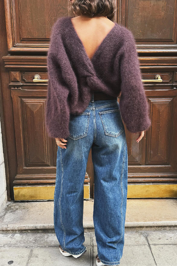 Women Elegant Knot Back Plush Sweater