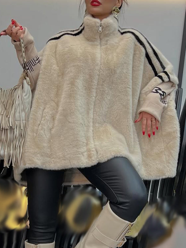 Women Lapel Vertical Striped Patchwork Sleeves Casual Plush Coat