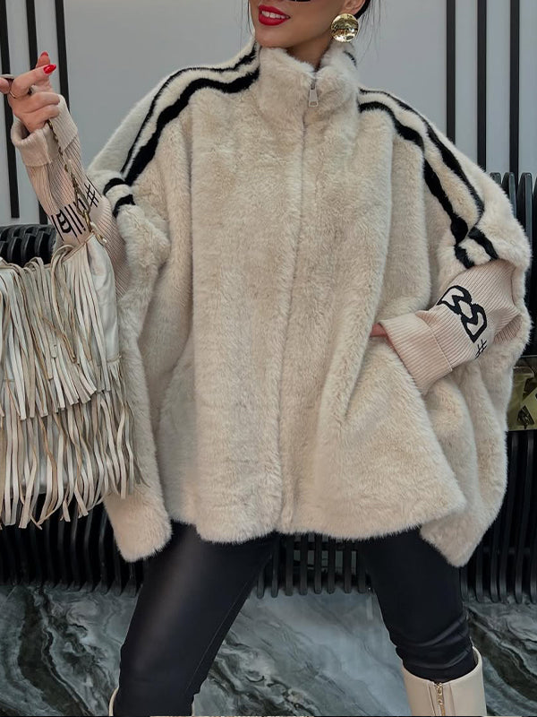 Women Lapel Vertical Striped Patchwork Sleeves Casual Plush Coat