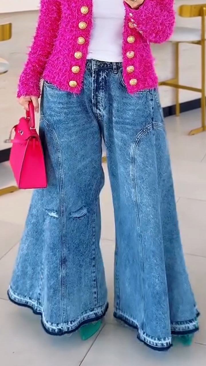 Women Button-down Plush Cardigan + Denim Flared Pants Casual Suit