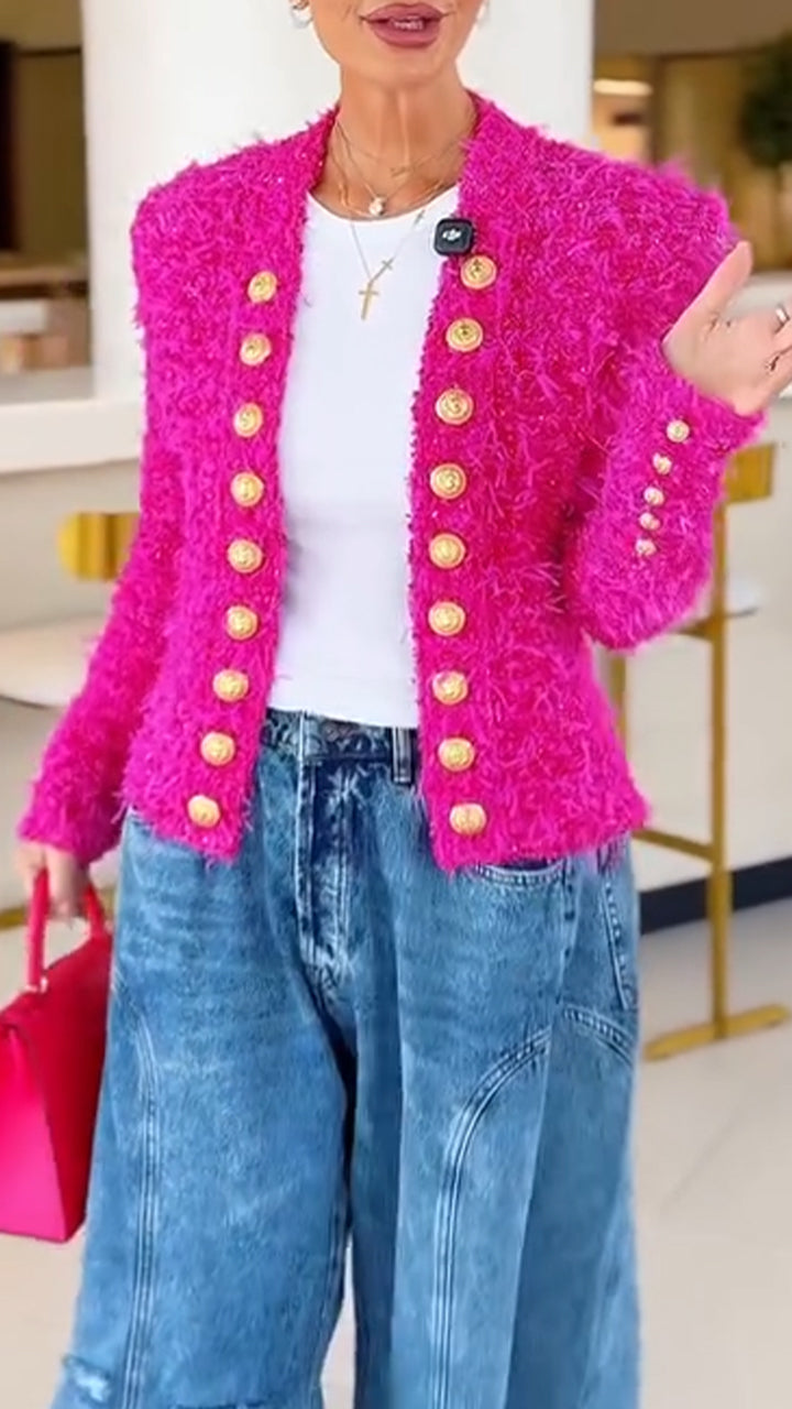 Women Button-down Plush Cardigan + Denim Flared Pants Casual Suit