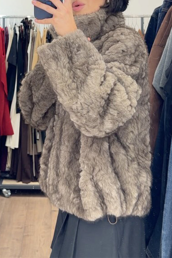 Women Casual Layered Gradient Plush Turtleneck Zipper Jacket