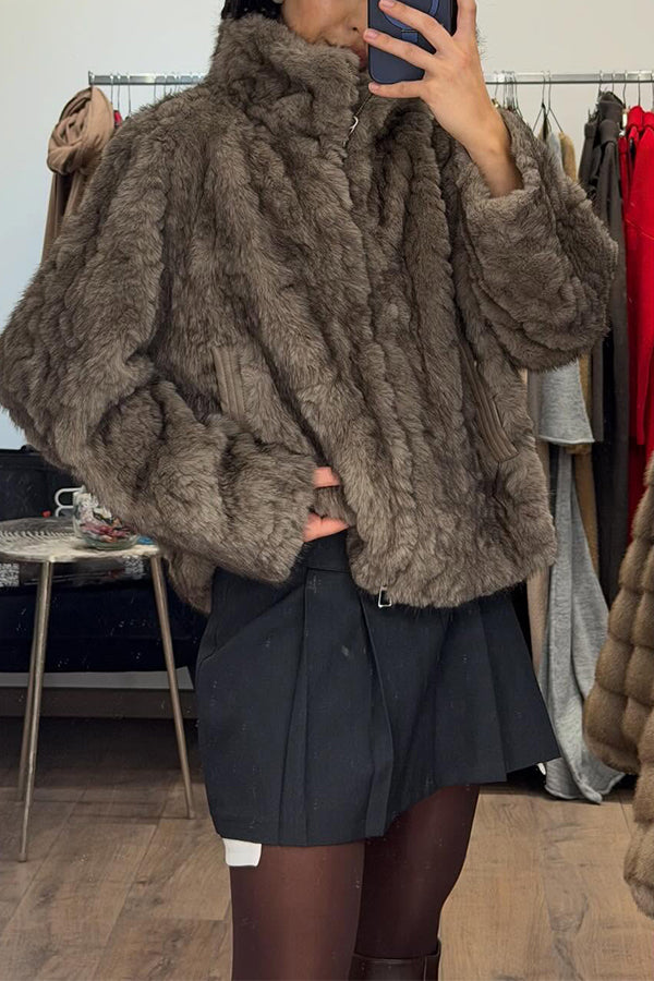 Women Casual Layered Gradient Plush Turtleneck Zipper Jacket