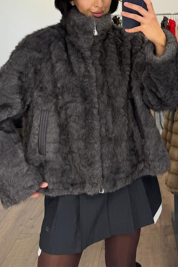 Women Casual Layered Gradient Plush Turtleneck Zipper Jacket