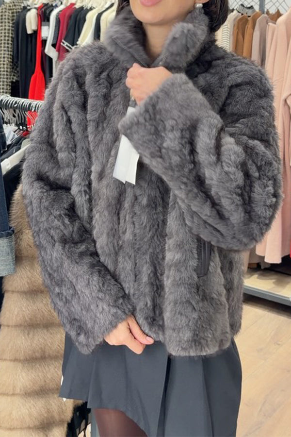 Women Casual Layered Gradient Plush Turtleneck Zipper Jacket