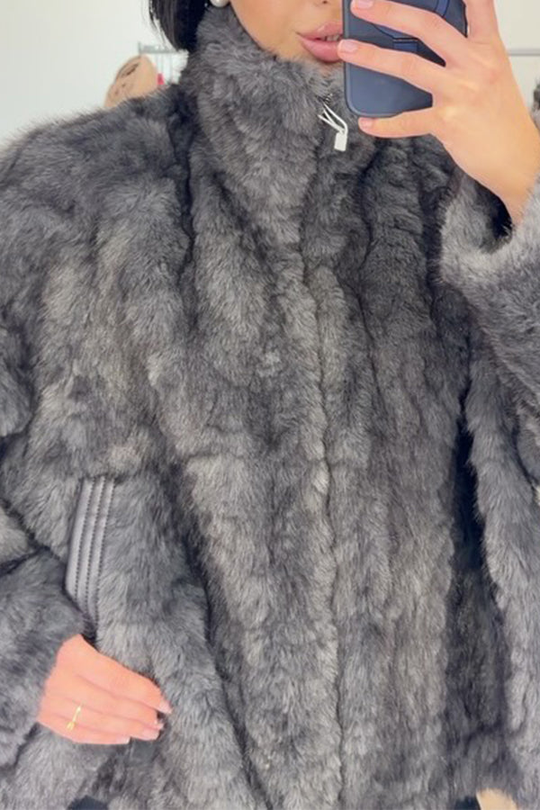 Women Casual Layered Gradient Plush Turtleneck Zipper Jacket