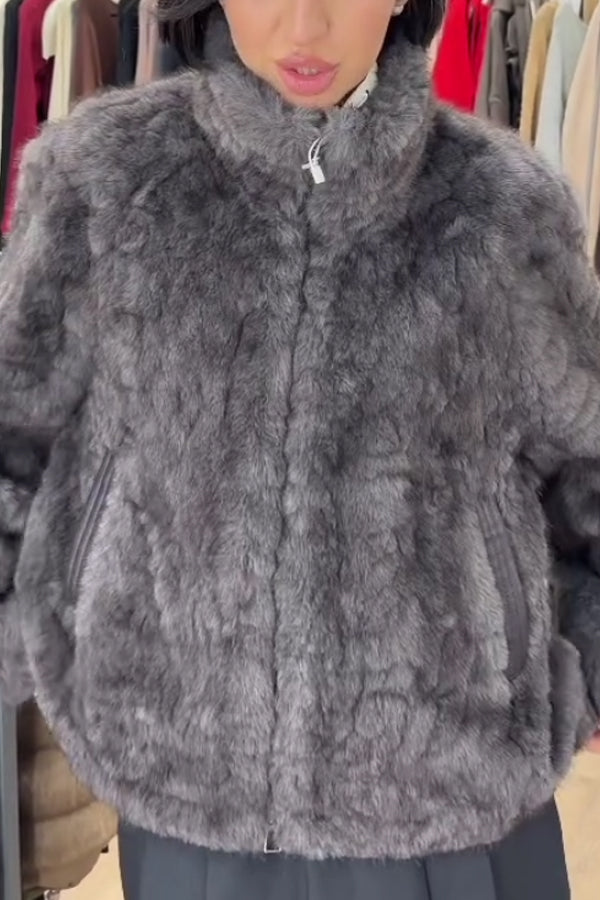 Women Casual Layered Gradient Plush Turtleneck Zipper Jacket