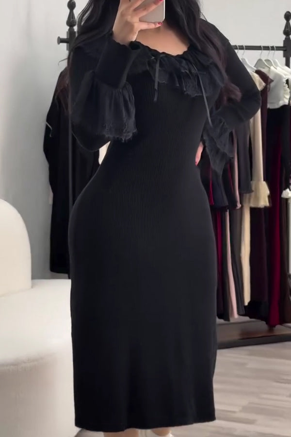 Women Elegant Lace Neckline Bell Sleeve Bow Decorated Knitted Fitted Dress