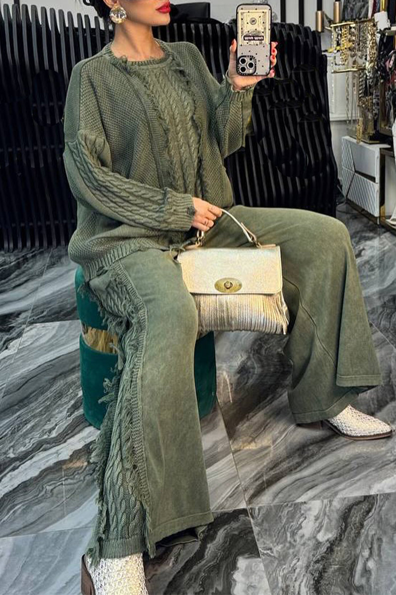 Women Round Neck Splicing Woven Solid Color Casual Suit