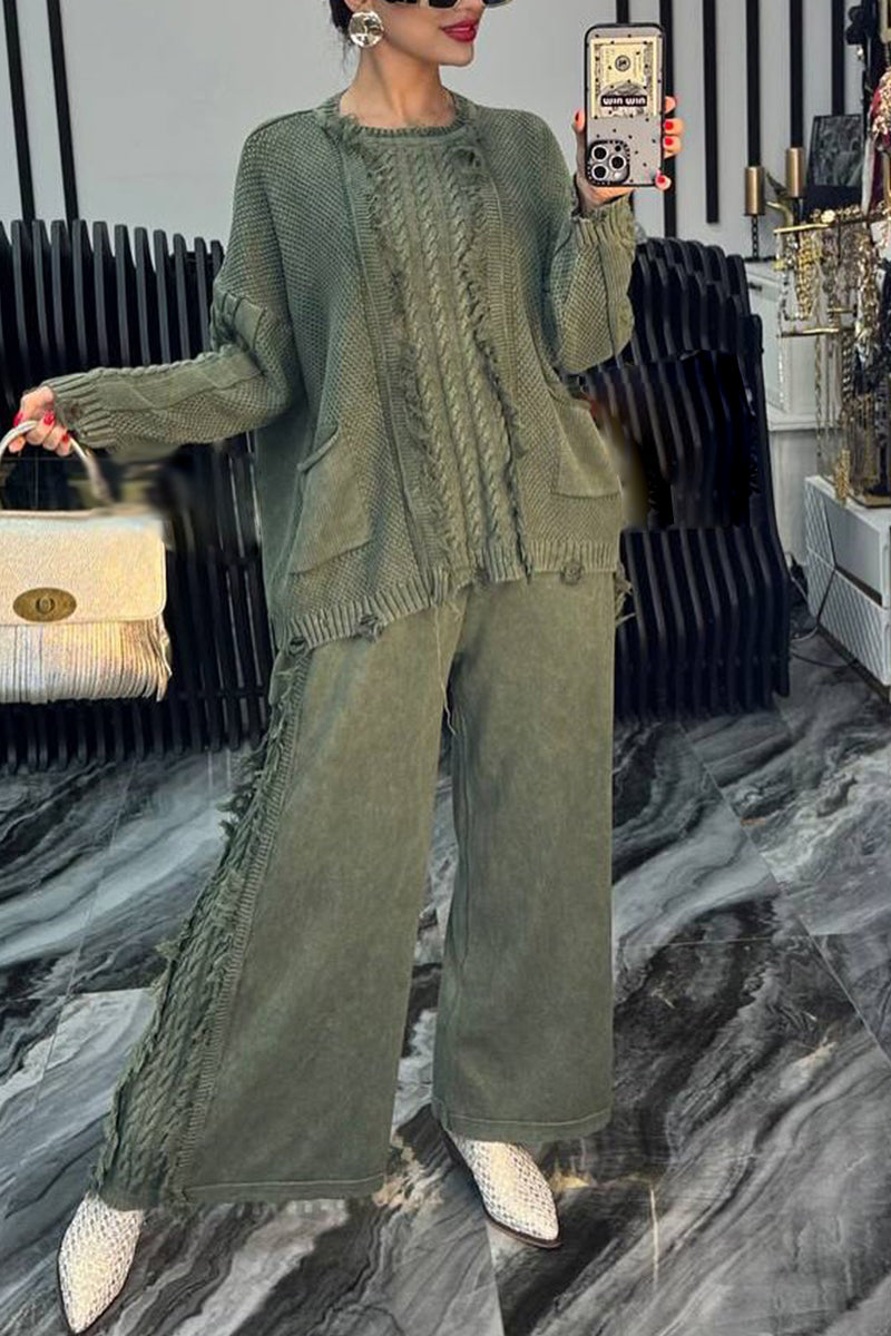 Women Round Neck Splicing Woven Solid Color Casual Suit