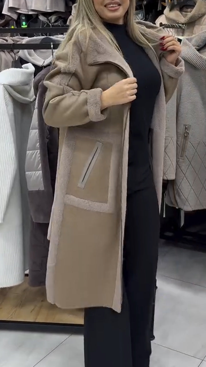 Women Lapel Stitching Casual Plush Coat