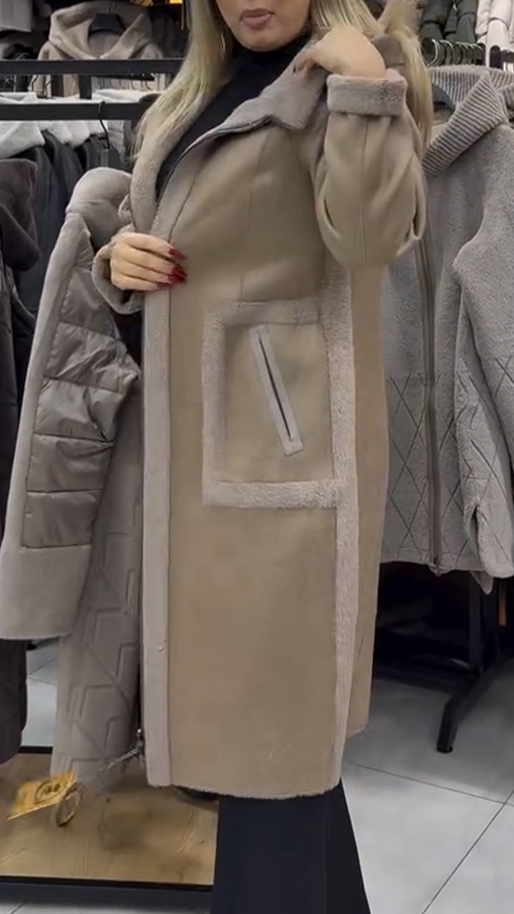 Women Lapel Stitching Casual Plush Coat