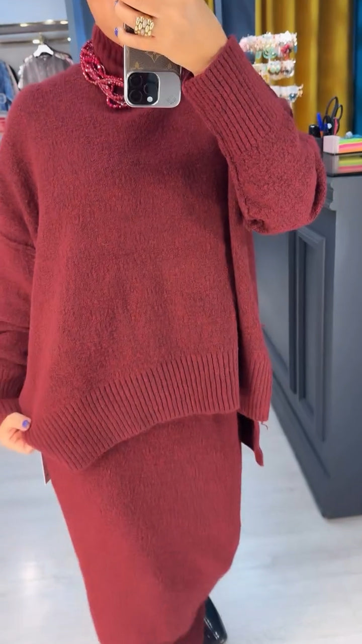 Women Turtleneck Knitted Sweater + Skirt Solid Color Casual Suit