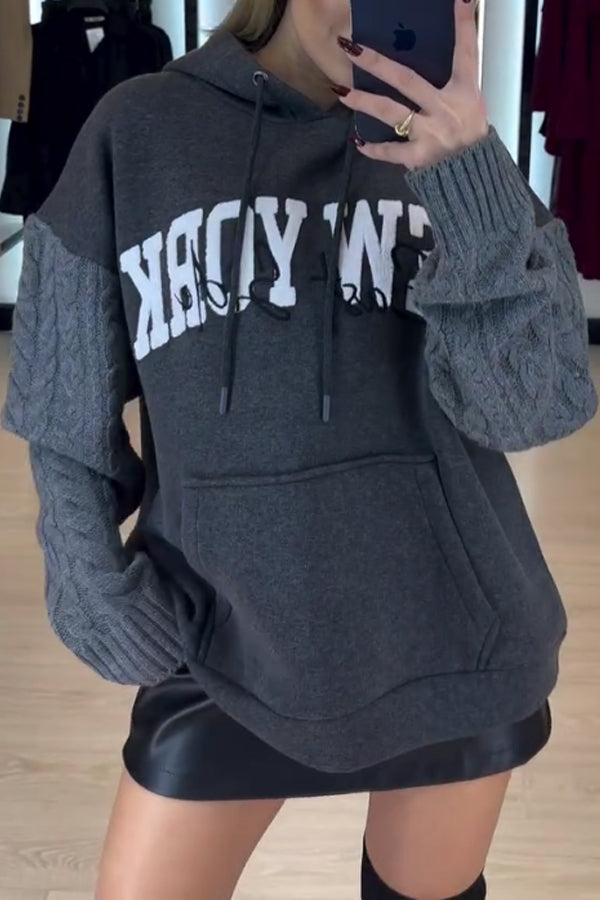 Women Casual Hooded Drawstring Letter Pattern Cable Knit Sleeve Paneled Sweatshirt