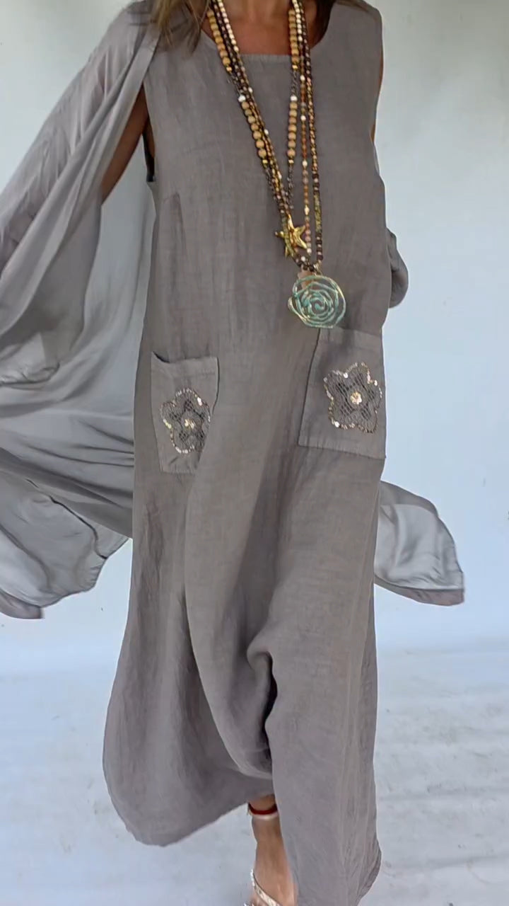 Women Round Neck Spliced Pocket Sequin Printed Casual Dress