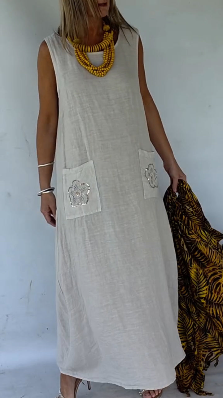 Women Round Neck Spliced Pocket Sequin Printed Casual Dress