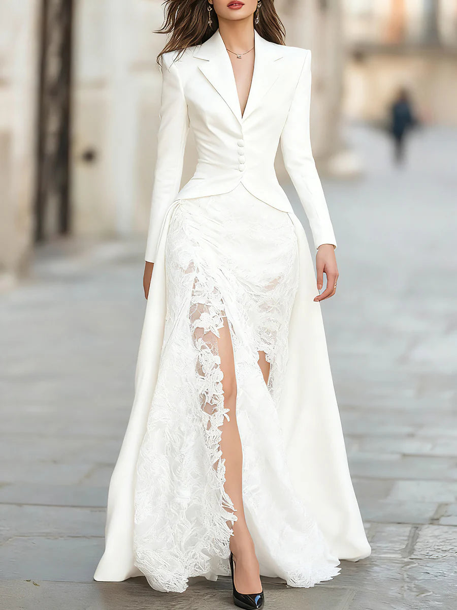 Women Lapel Splicing Print Slit Fake Two-piece Temperament Elegant Dinner Party Dress