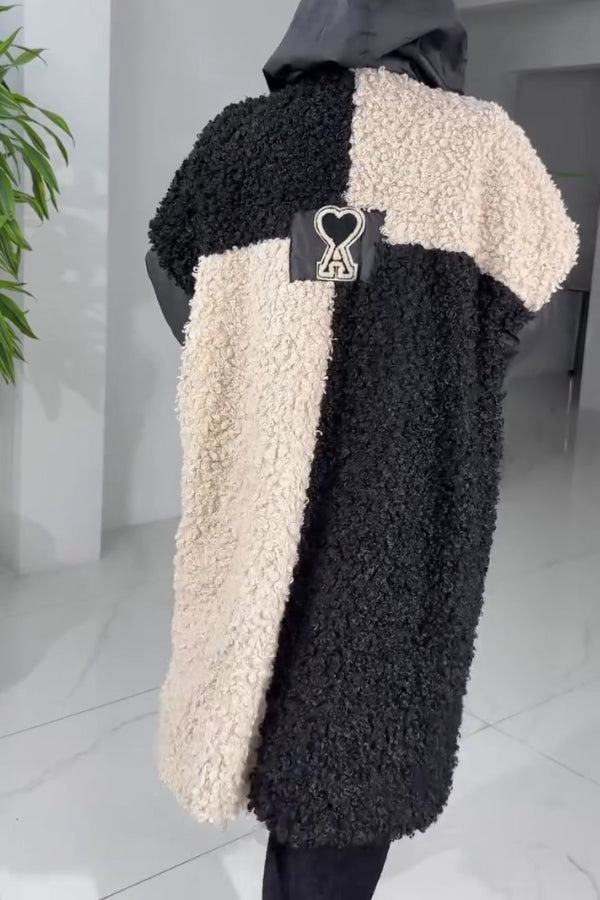 Women Casual Playing Card Pattern Contrast Color Grained Plush Hooded Coat