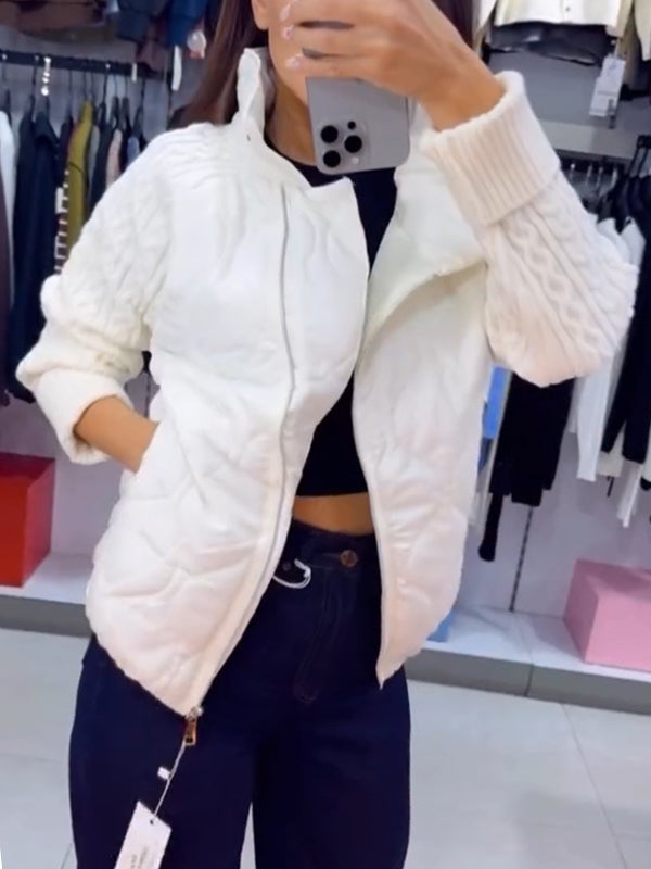 Women Stand Collar Splicing Cable Knit Sleeves Casual Cotton Jacket
