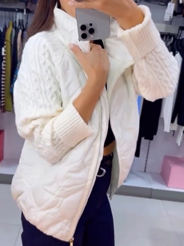 Women Stand Collar Splicing Cable Knit Sleeves Casual Cotton Jacket