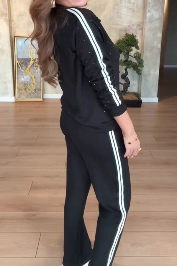 Women Casual Shiny Polka Dot Striped Polo Shirt + Pants Suit