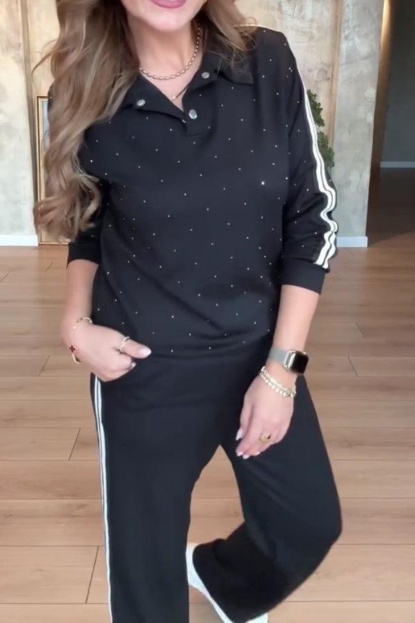 Women Casual Shiny Polka Dot Striped Polo Shirt + Pants Suit