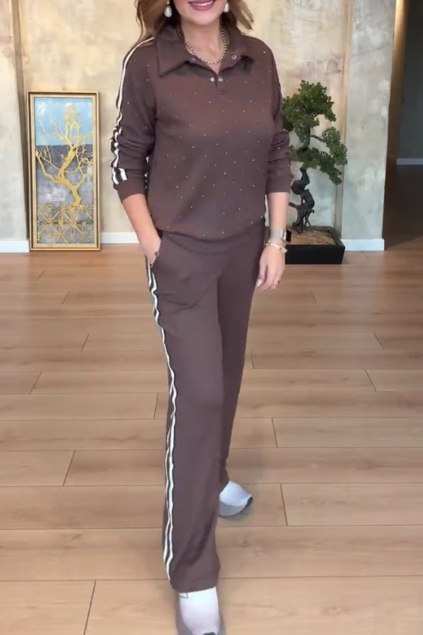 Women Casual Shiny Polka Dot Striped Polo Shirt + Pants Suit