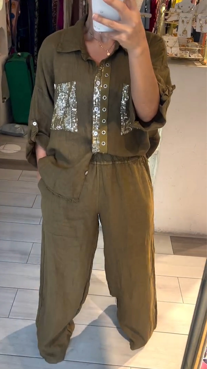 Women Lapel Button-down Sequined Shirt + Pants Casual Suit