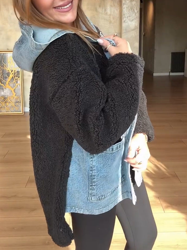Women Hooded Spliced Denim Plush Casual Jacket
