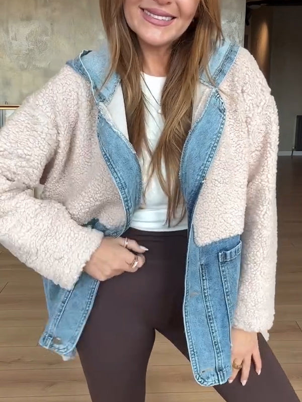 Women Hooded Spliced Denim Plush Casual Jacket