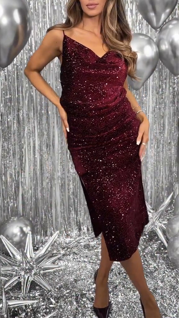 Women Suspender Sequin Side Slit Sexy Temperament Evening Party Dress