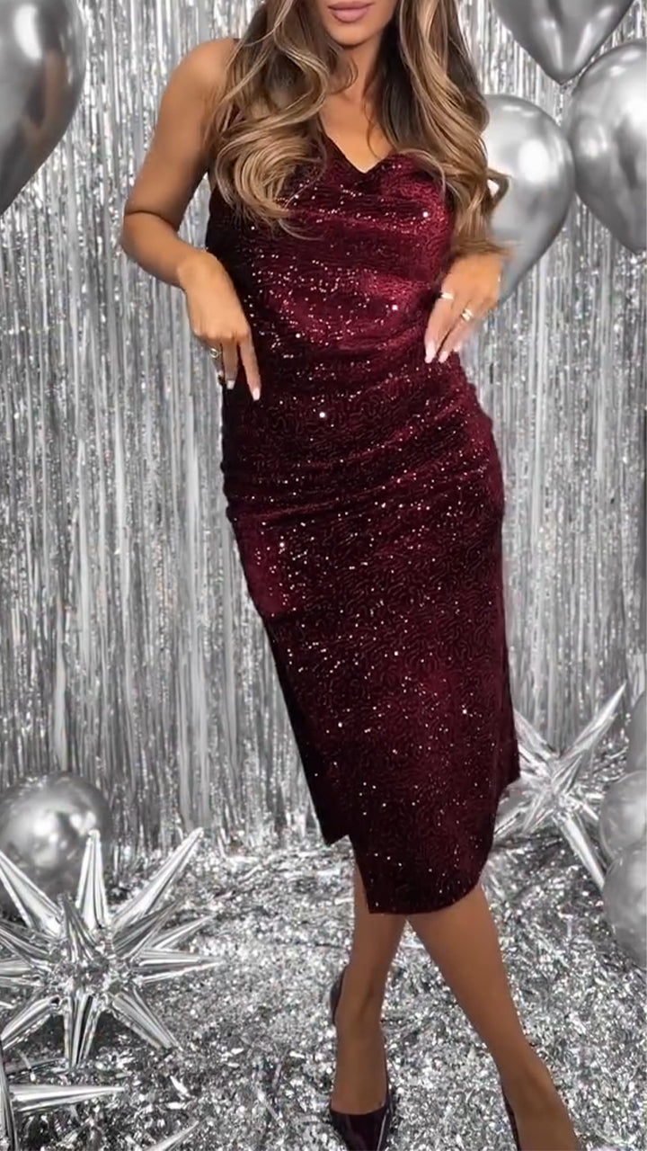 Women Suspender Sequin Side Slit Sexy Temperament Evening Party Dress