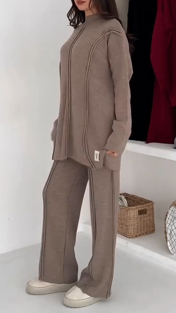 Women Round Neck Splicing Solid Color Casual Suit