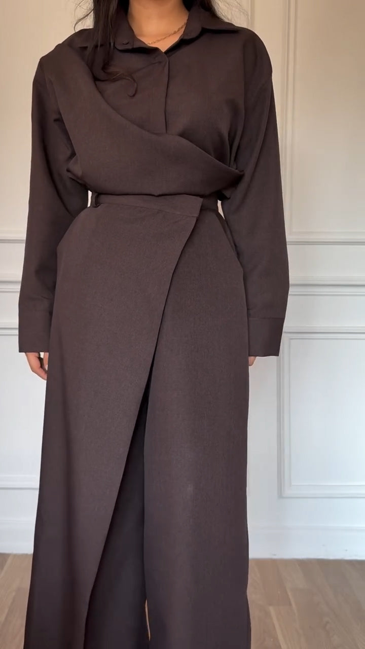 Women Lapel Splicing Shirt + Fake Two-Piece Pants Solid Color Casual Suit