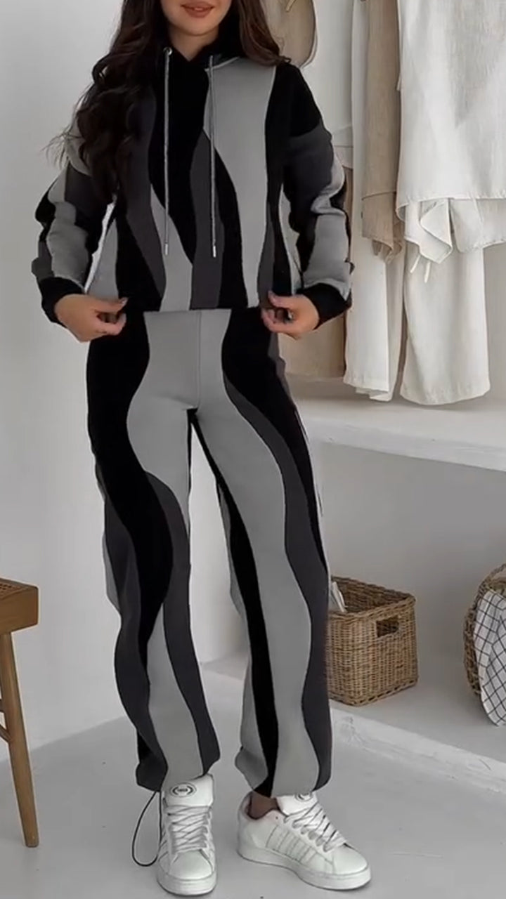 Women Hooded Drawstring Wave Pattern Sweatshirt + Pants Casual Set