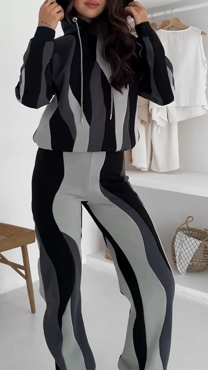 Women Hooded Drawstring Wave Pattern Sweatshirt + Pants Casual Set