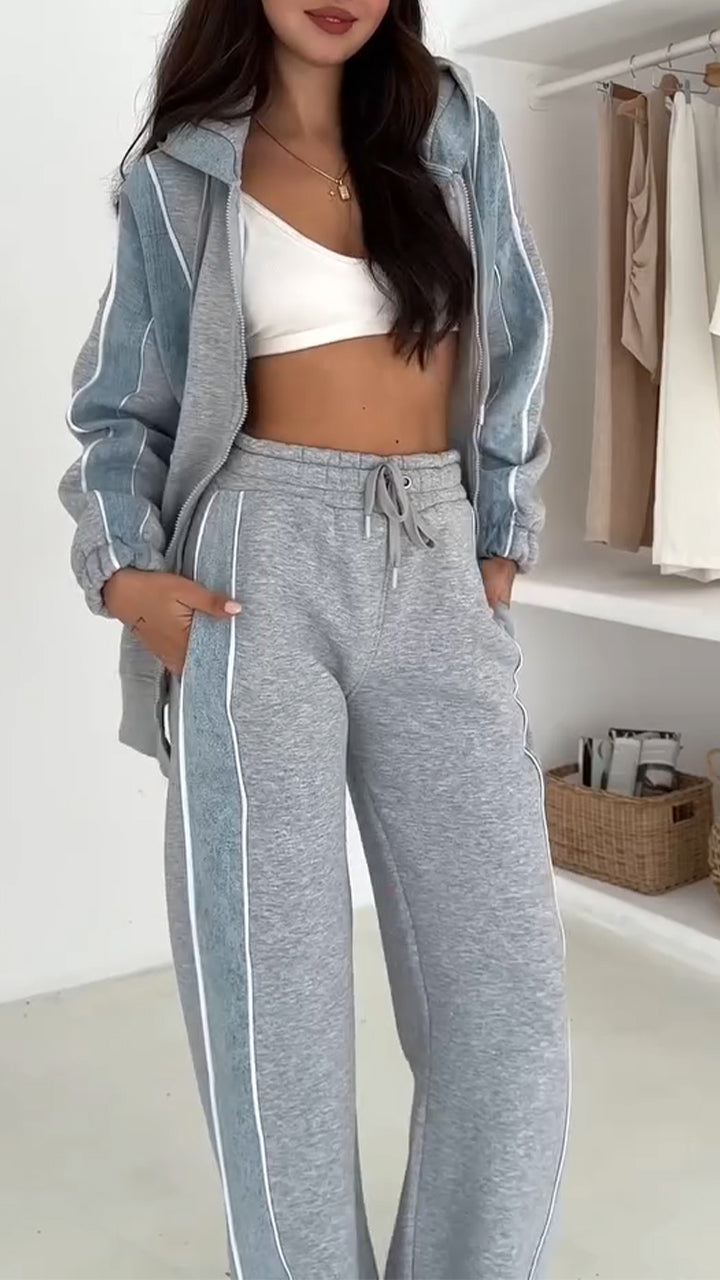 Women Hooded Spliced Jacket + Pants Casual Set