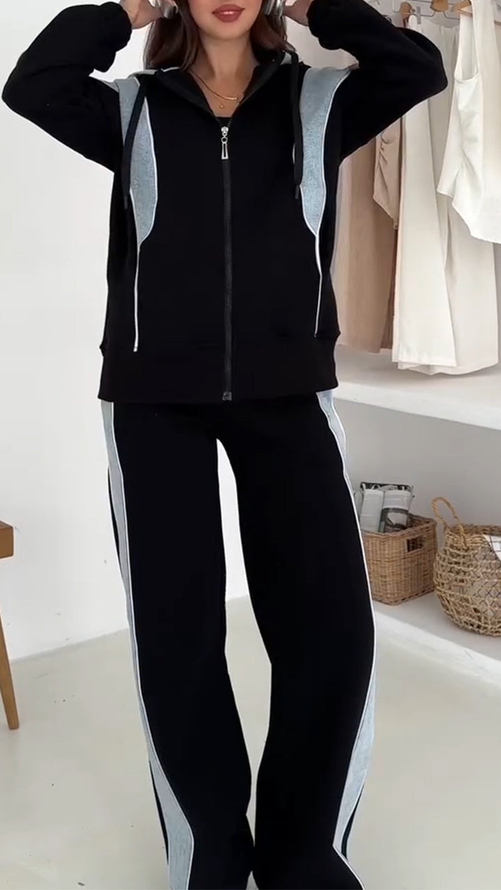 Women Hooded Spliced Jacket + Pants Casual Set