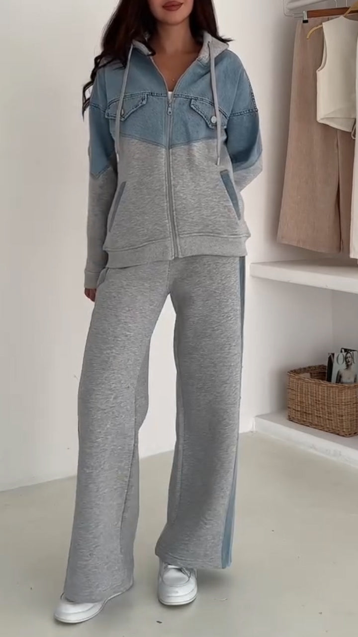 Women Hooded Drawstring Patchwork Denim Casual Suit