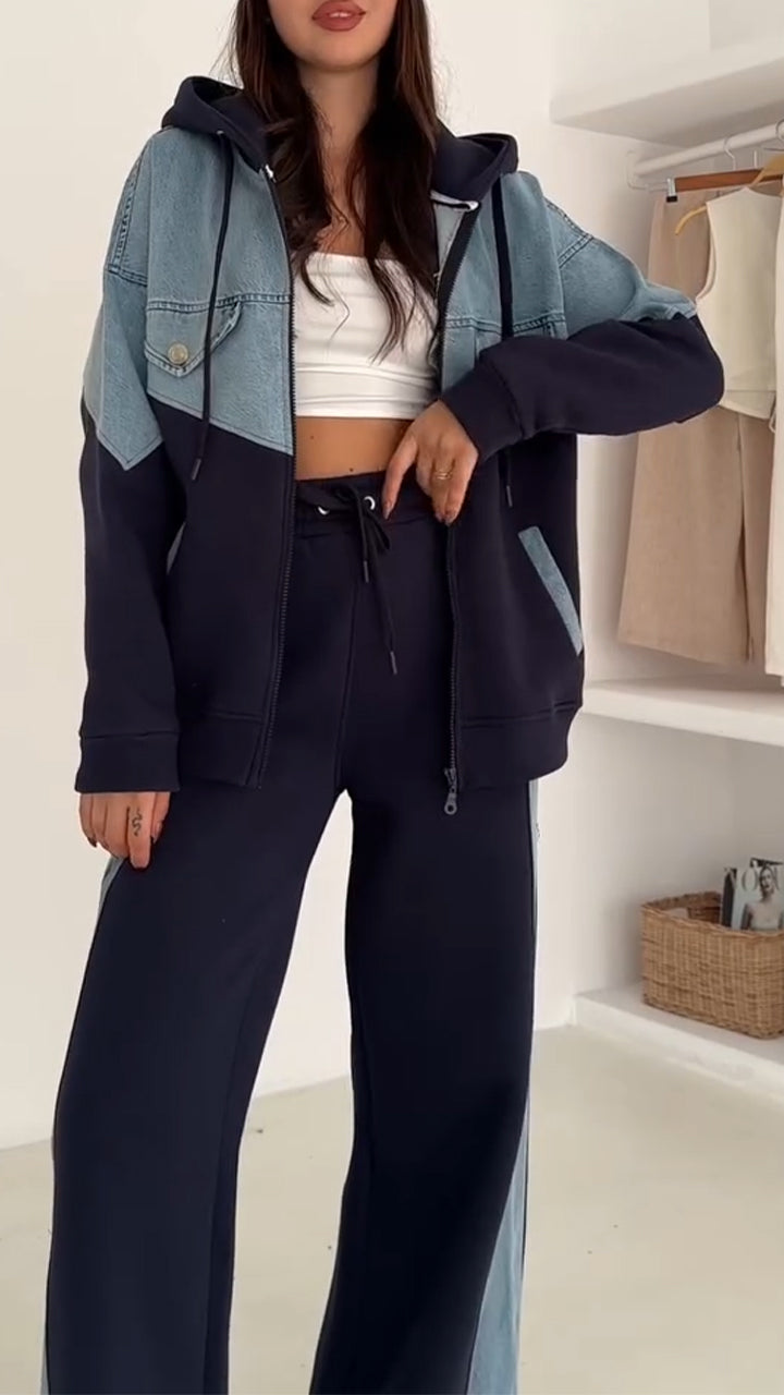 Women Hooded Drawstring Patchwork Denim Casual Suit