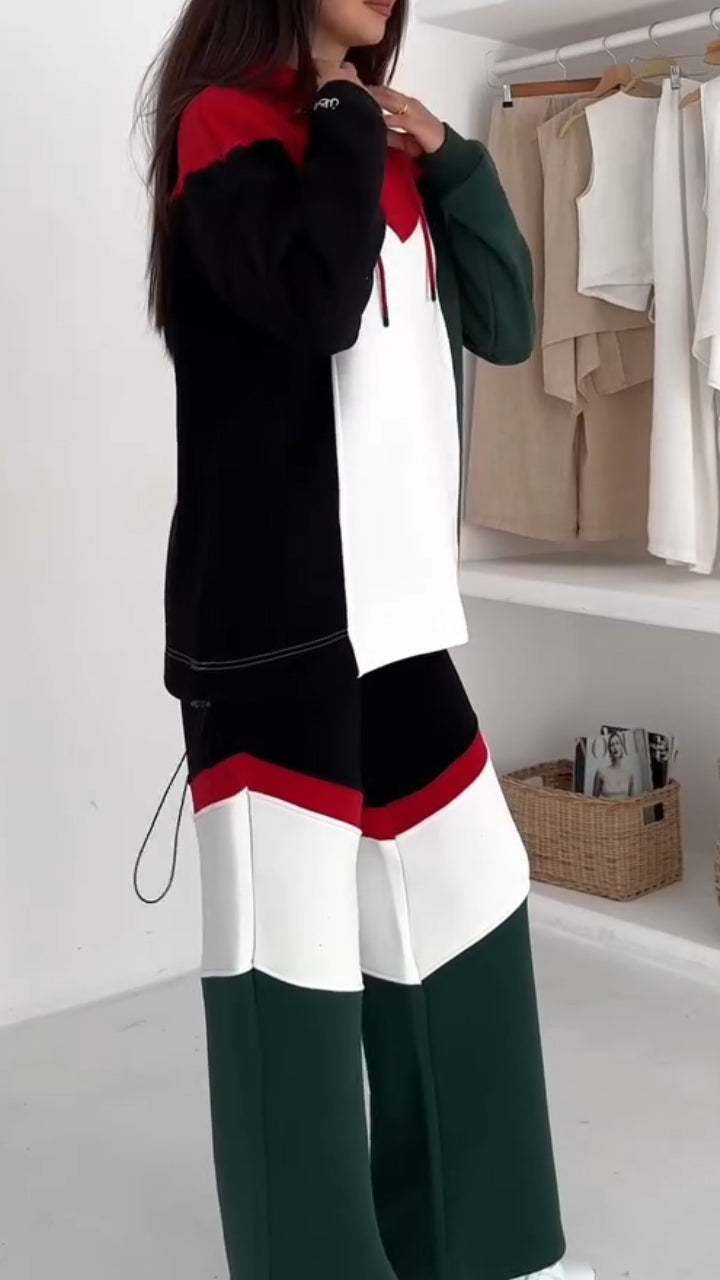 Women Round Neck Hooded Contrasting Color Sweatshirt + Pants Casual Suit