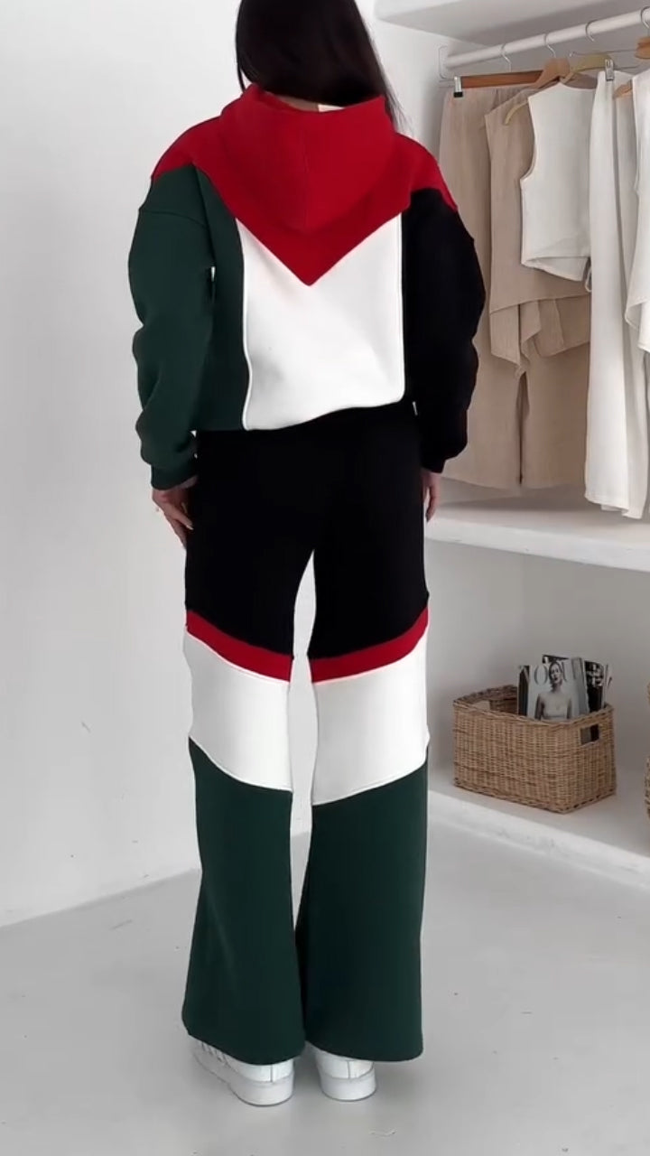 Women Round Neck Hooded Contrasting Color Sweatshirt + Pants Casual Suit